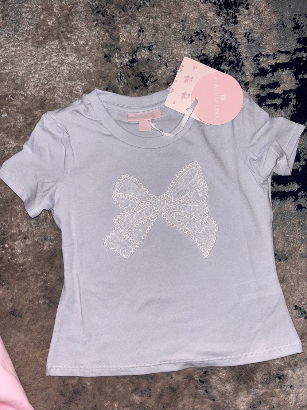 LoveShackFancy girls youth medium M pastel blue shirtsleeve tshirt w lace bow